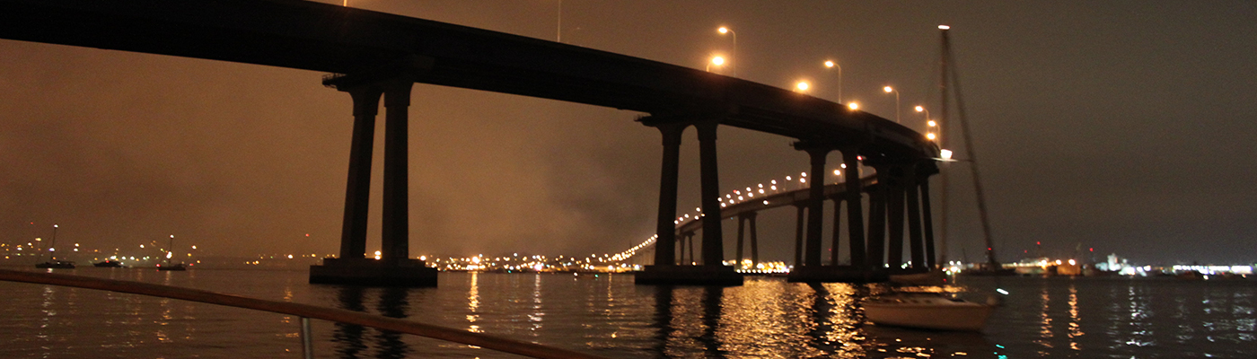 Lights on bridge over bay at night